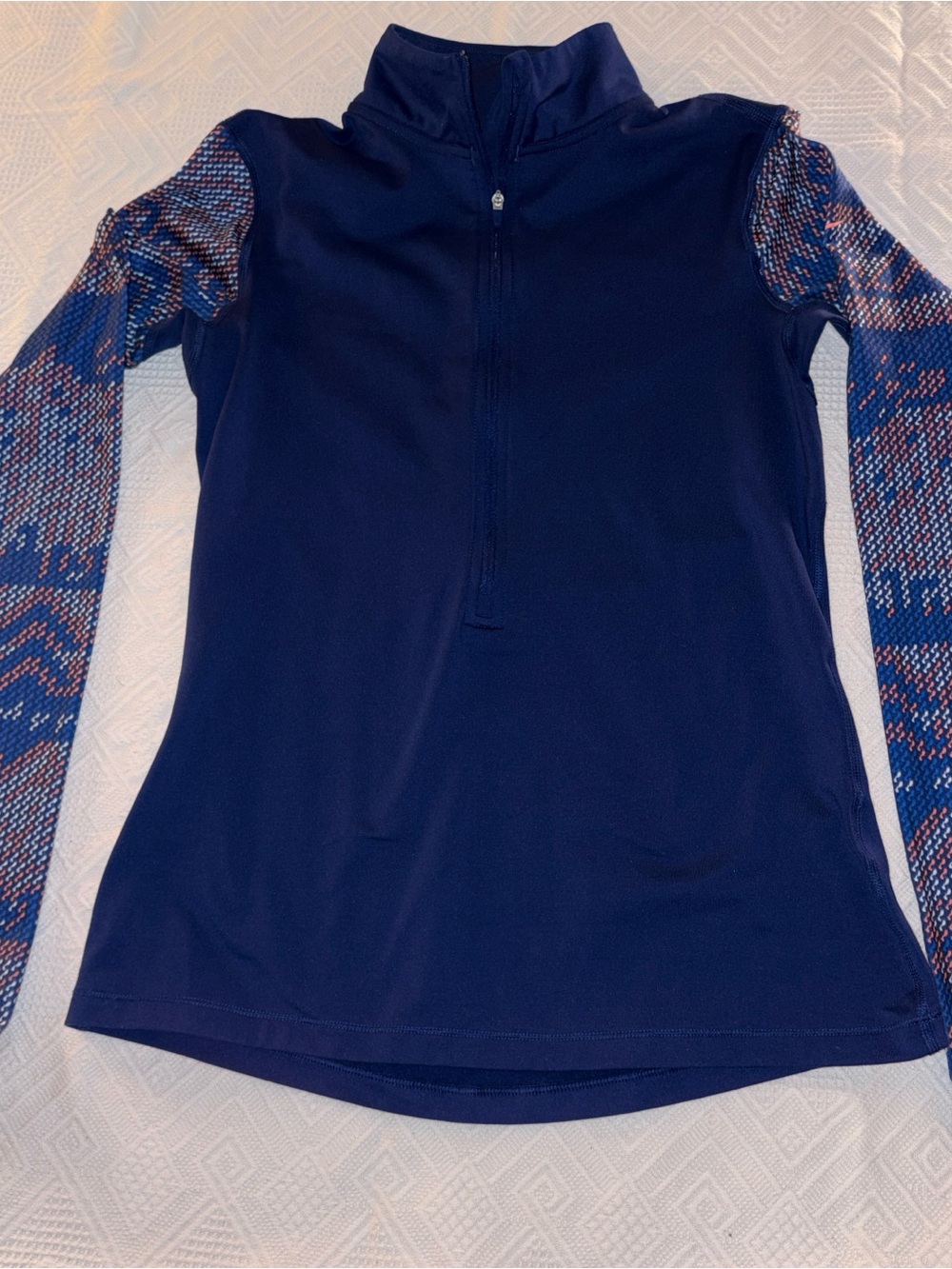 Blue Half-Zip Active Top with Patterned Sleeves